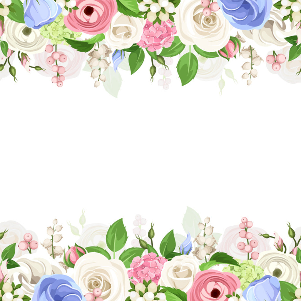 Pink, White , Blue, Roses Vector Horizontal Seamless Background - Backdropsource