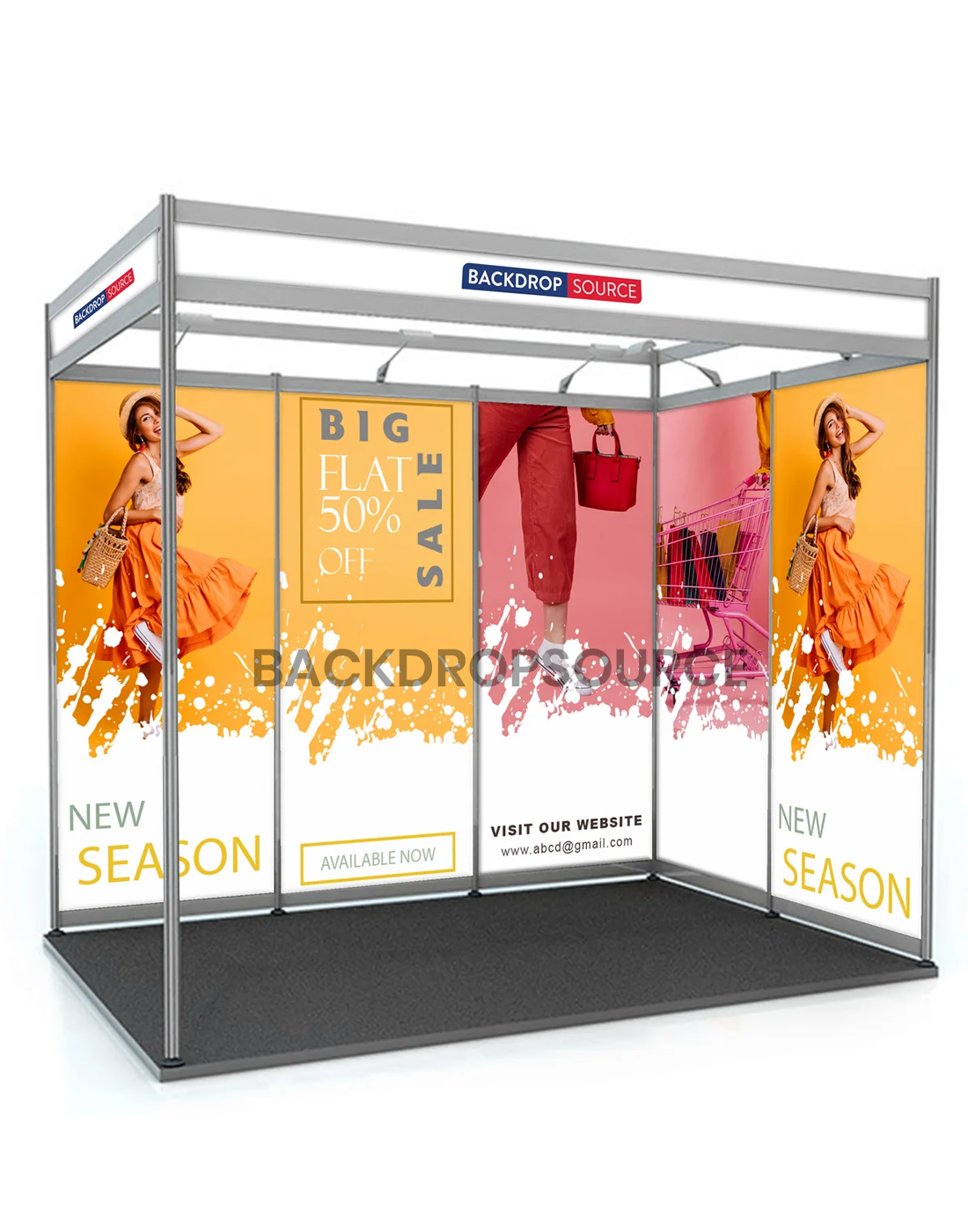 Gráficos de exhibición con diseño de concha para stand de 13,2 pies de ancho x 10 pies de profundidad