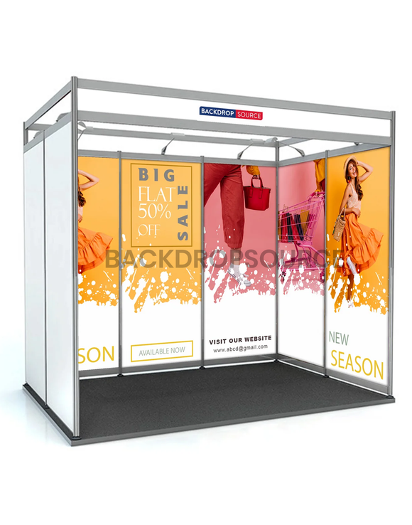 Gráficos de exhibición con diseño de concha para stand de 13,2 pies de ancho x 10 pies de profundidad