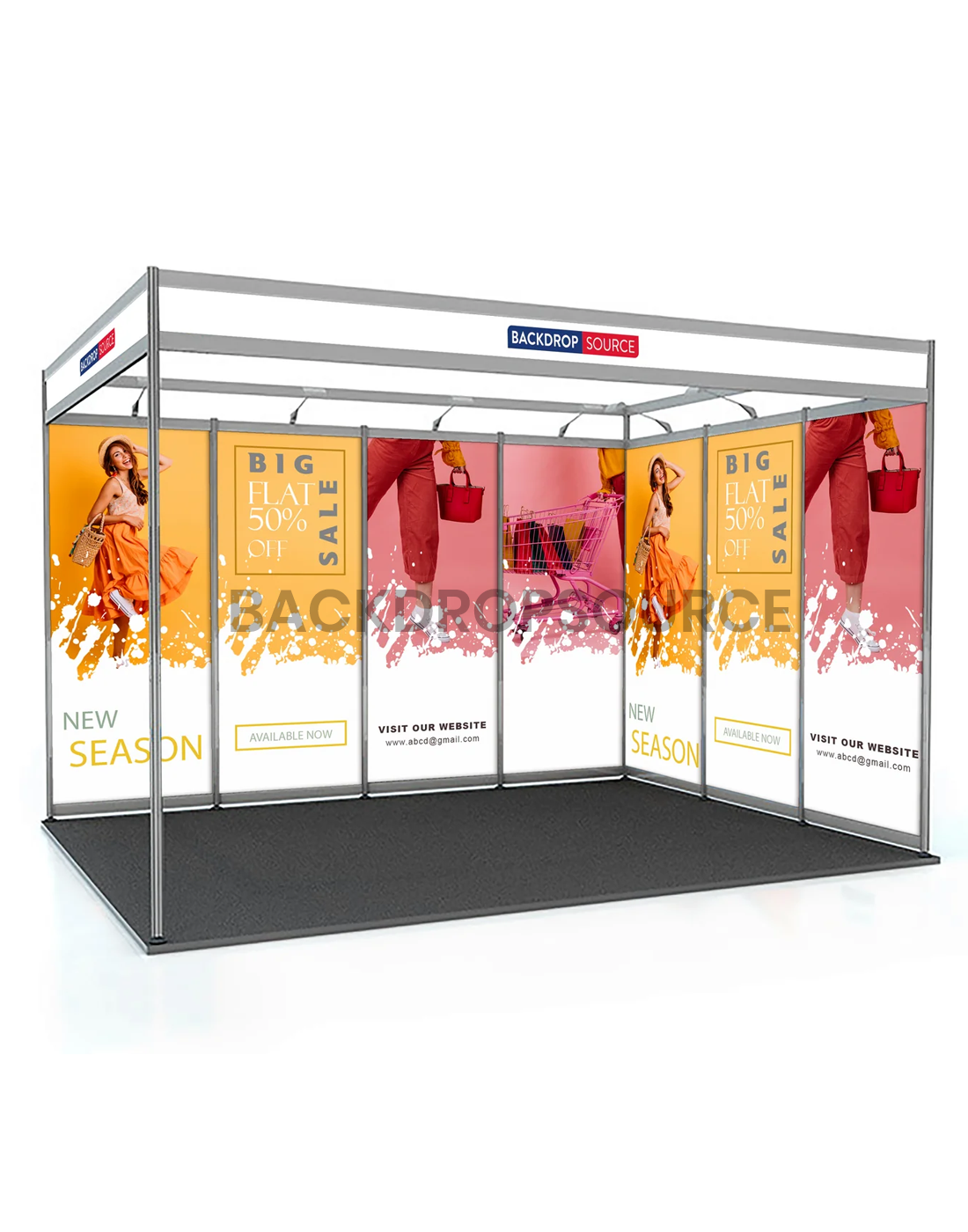 Gráficos de exhibición con diseño de concha para stand de 13,2 pies de ancho x 10 pies de profundidad