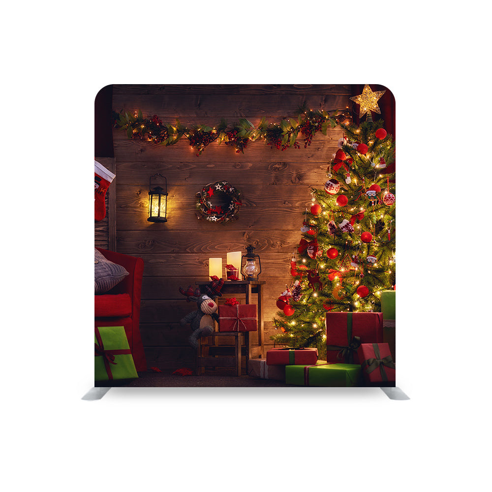 CHRISTMAS TREE WITH WOODEN BACKGROUND STRAIGHT TENSION FABRIC MEDIA WALL - Backdropsource
