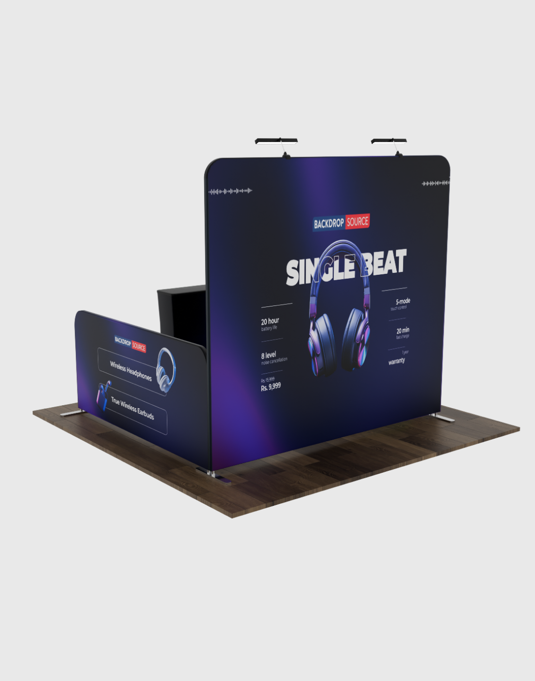 Kit de stand Ultimate de 10 x 10 con pared trasera, paredes laterales, mostrador e iluminación