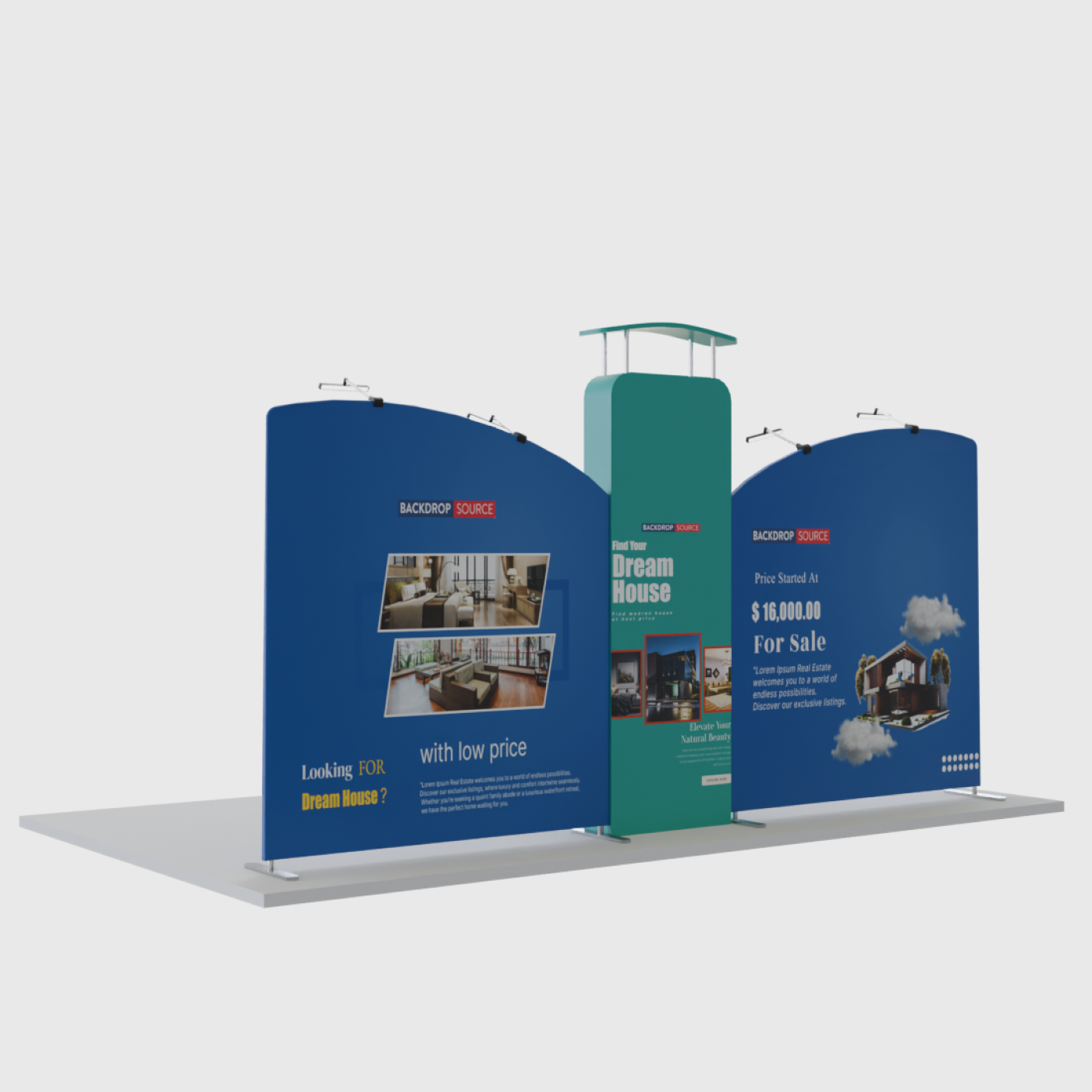 Kit de exposición de fondo recto inclinado de 20 x 10 con pared 3D y arco