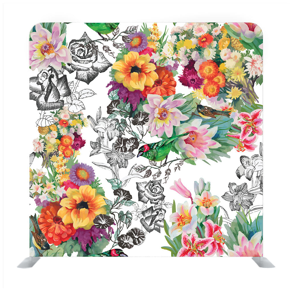 Birds With Flowers Seamless Pattern On White Background Backdrop - Backdropsource