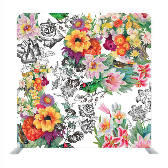 Birds With Flowers Seamless Pattern On White Background Backdrop - Backdropsource