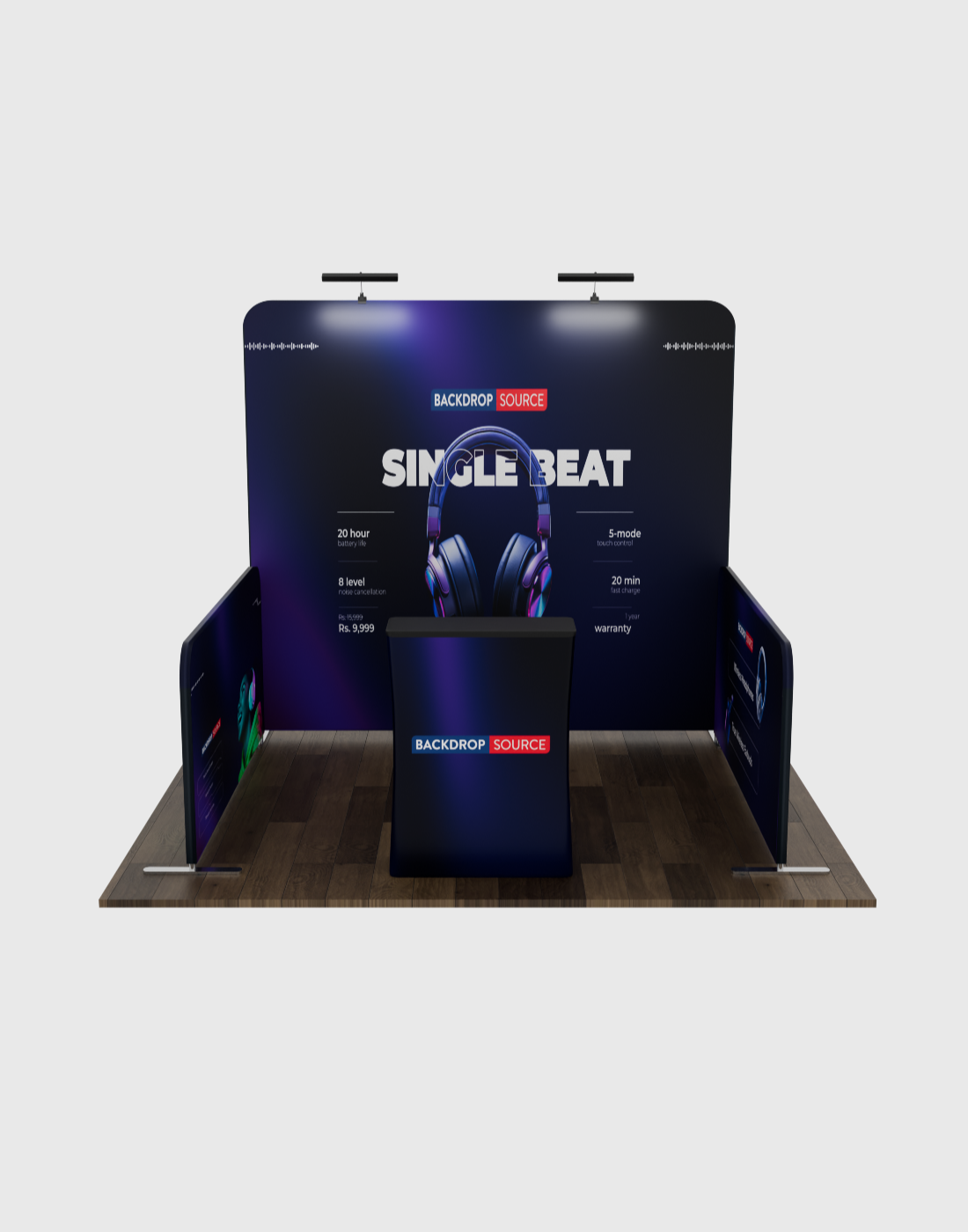 Kit de stand Ultimate de 10 x 10 con pared trasera, paredes laterales, mostrador e iluminación