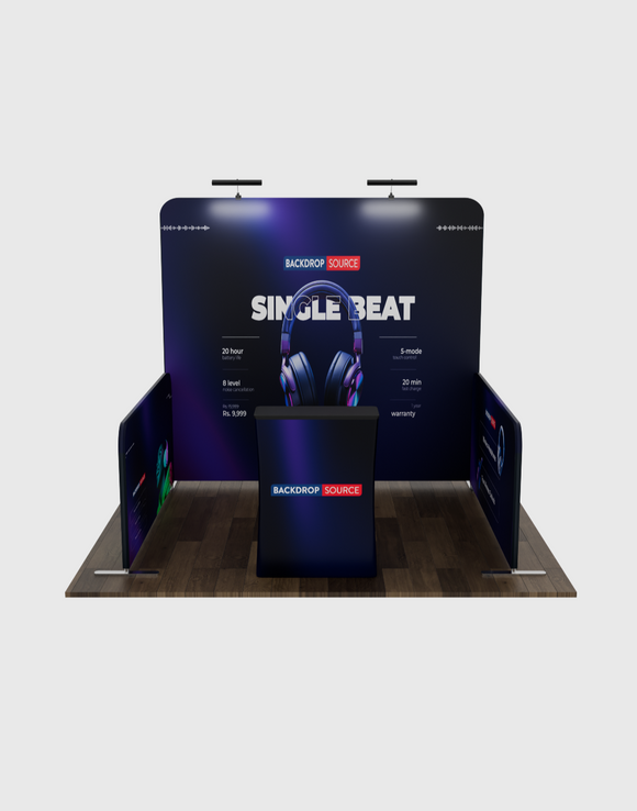 Kit de stand Ultimate de 10 x 10 con pared trasera, paredes laterales, mostrador e iluminación