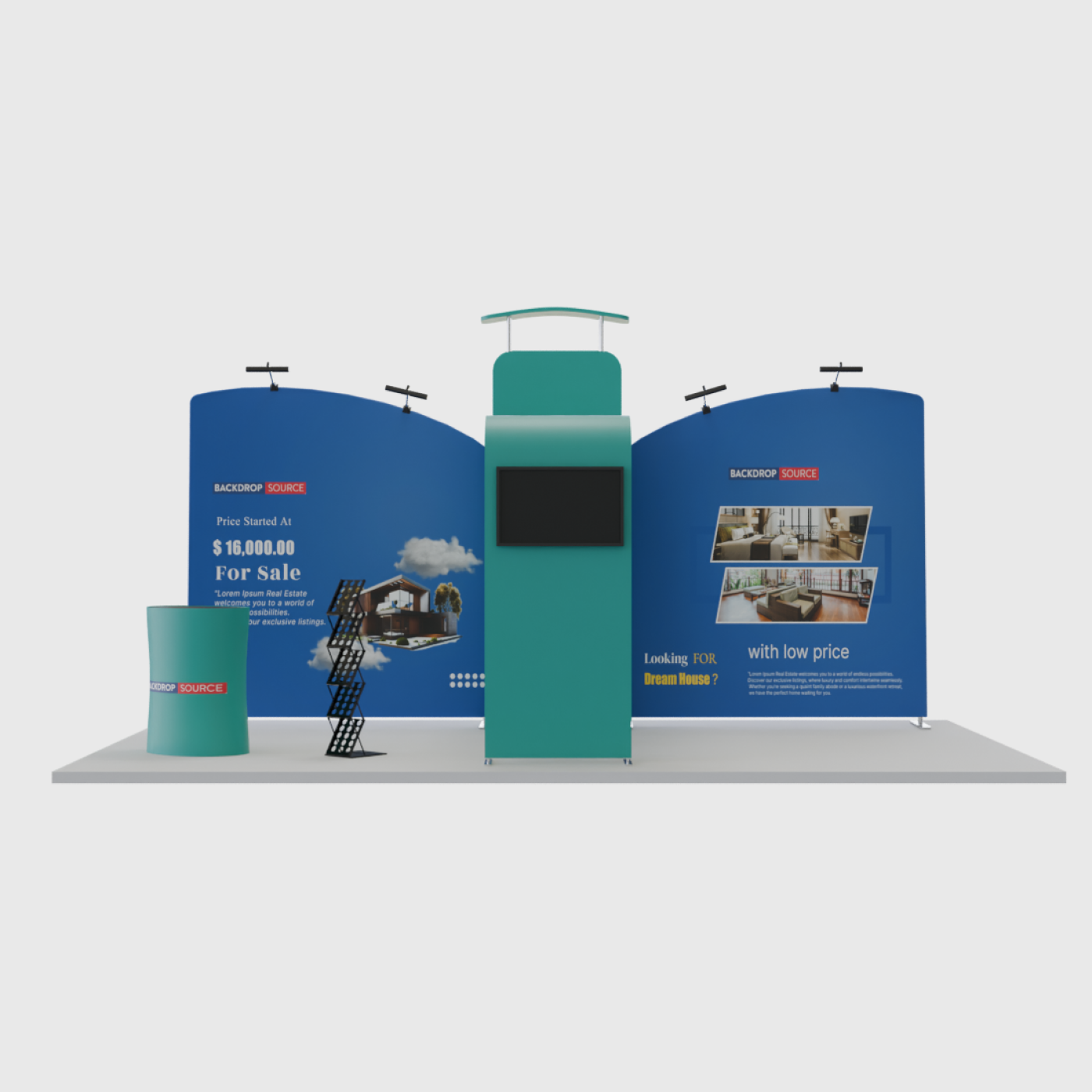 Kit de exposición de fondo recto inclinado de 20 x 10 con pared 3D y arco