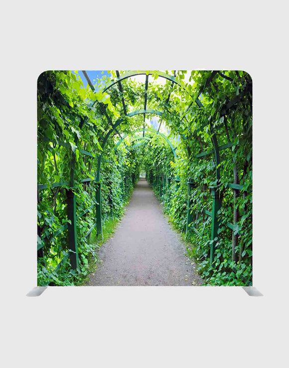Arco verde en un jardín como fondo de pared multimedia