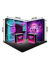 Conjunto de pared multimedia iluminada en forma de L con mostradores para stands de 10 pies x 10 pies.