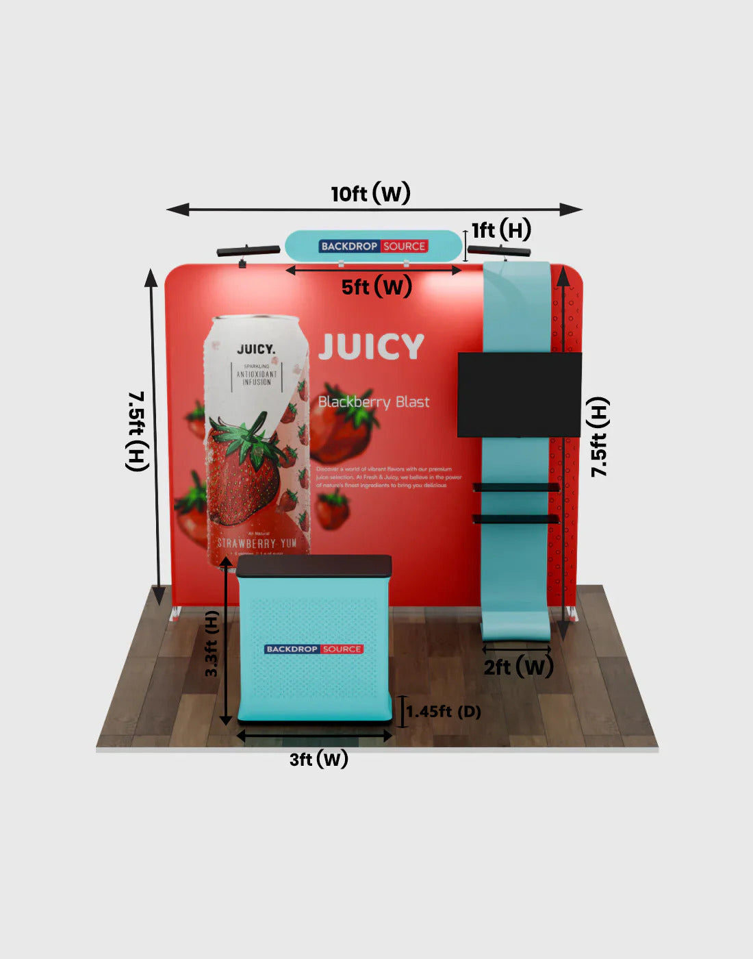 10ft Exhibit Kit: Straight Back Wall & Waterfall Shelving Booth