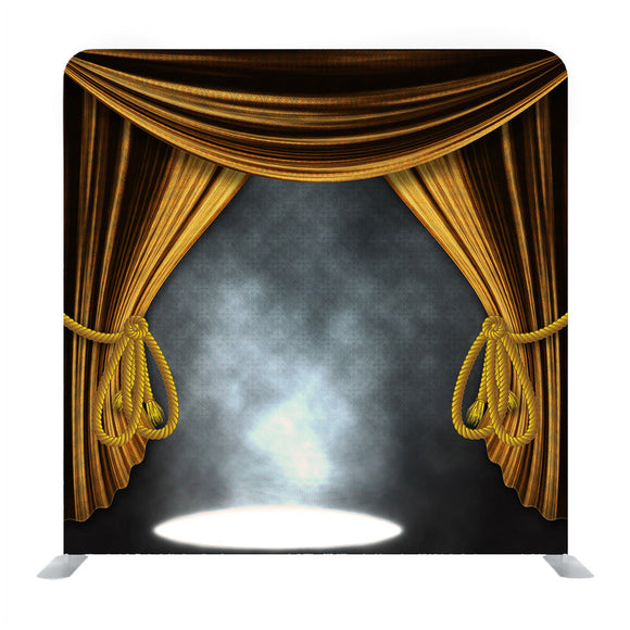 Theater Stage With Open Golden Curtains And Three Spotlights And Smoke Background Media Wall - Backdropsource