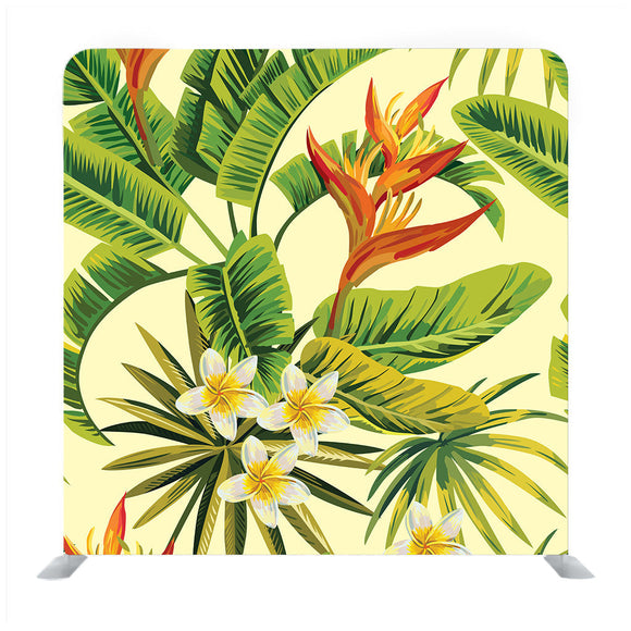 Tropical Exotic Plumeria Flowers And Plants With Green Leaves Of Palm On A Yellow Background Backdrop - Backdropsource